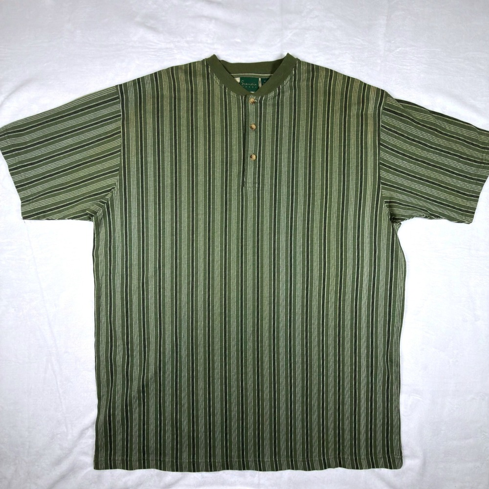Scandia Woods Mens XL Green Striped Short Sleeve Henley Shirt 100% Cotton